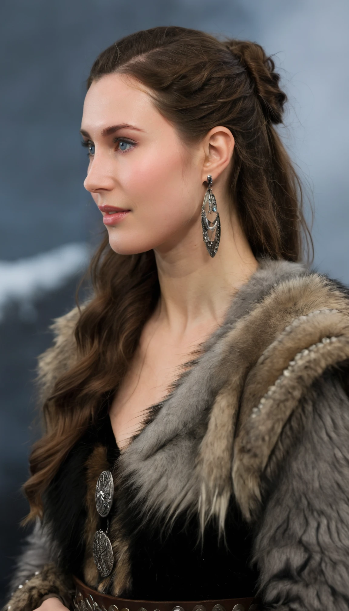 stunning full body photo of beautiful sanna_marin as a viking barbarian queen, profile shot, jewellery, wearing fur clothing, <lora:sanna_marin_sdxl_60:0.75>