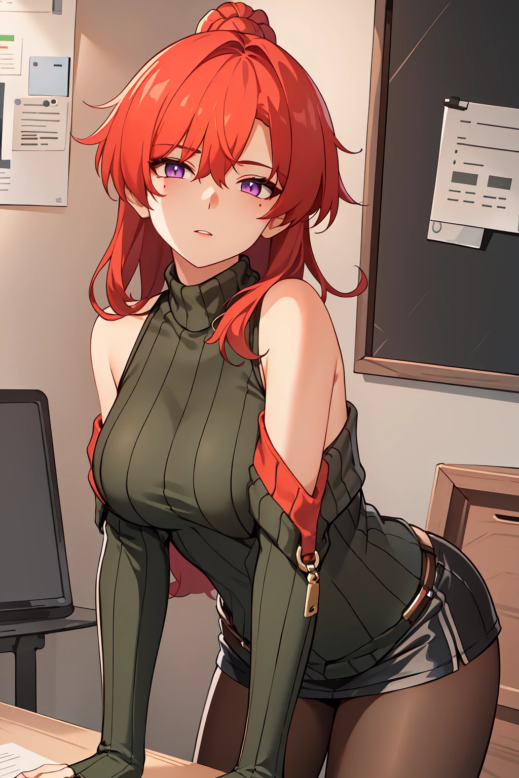 boku no hero academia screenshot, beautiful woman, wavy long red hair up in a ponytail, side bangs, slanted eyes, green eyes, serious expression on face, rectangular glasses, black off shoulders jumpsuit, brown corset, black half short half skirt, boots, night city in background, 