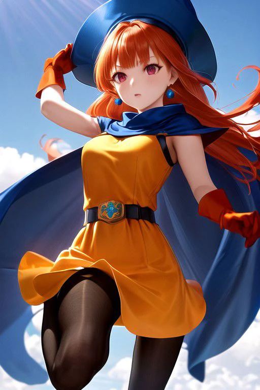 Alena is an amazing girl, red eyes, orange long hair, splashed hair tips, blue hat, earrings, blue cape, yellow dress, short sleeves, belt, gloves, skirt, ( low saturation) , black pantyhose, in wild, beautiful sky, Fixhand, jumping , dancing