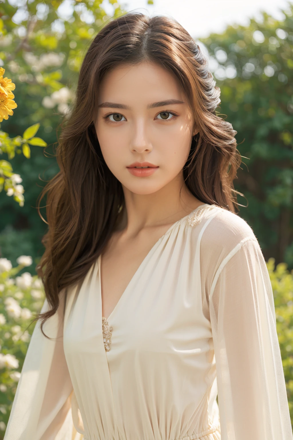 (a beautiful,attractive,stunning) girl, (exquisite,detailed) face, (captivating,expressive) eyes, (delicate,pouty,luscious) lips, (silky,flowing) hair, (porcelain,golden) skin, (slender,graceful) figure, (elegant,poised) posture, (relaxed,contented) expression, (gazing,looking out) from the window, (sunlight,bright light) illuminating her (radiant,luminous) beauty, (soft,gentle) breeze gently caressing her skin, (serene,peaceful) ambiance.
The girl is sitting on a (cushioned,comfortable) seat, beside a (large,ornate) window. The window is adorned with (lacey,sheer) curtains, allowing the (warm,golden) sunlight to filter through, creating (dancing,ethereal) patterns in the room. The window overlooks a (lush,green) garden, filled with (colorful,vibrant) flowers and (towering,tall) trees.
The girl is (contemplating,lost in thought), her (mind,wandering) to distant places. Her (graceful,delicate) hands rest on her (smooth,silky) thighs, as she (absorbs,soaks in) the beauty of her surroundings. Her (bare,naked) body is an expression of freedom and confidence.
The atmosphere is (calm,tranguil), as if time stands still. (Soft,gentle) music plays in the background, adding to the serene ambiance. The room is filled with the aroma of (fresh,fragrant) flowers, enhancing the sensory experience.
The overall quality of the image is (best quality,4k,8k,highres,masterpiece:1.2), with (ultra-detailed) elements. The colors are (vivid,bold), with a (warm,sun-kissed) tone. The lighting is (soft,subtle), casting (gentle,playful) shadows on the girl's face and body, creating depth and dimension. The image exudes a sense of (realism,photorealism,photo-realism:1.37), as if the girl could come to life at any moment.
topless nude