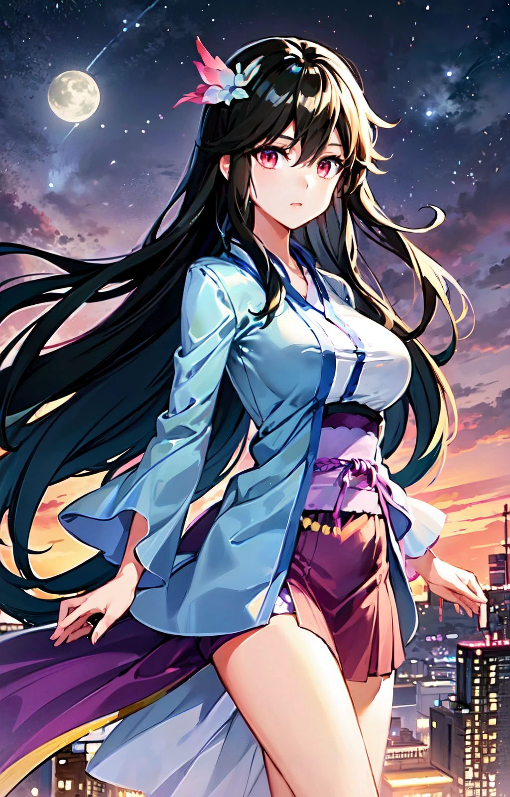 <lora:yaoyao:0.8>, 1girl, solo, black hair, long hair, bangs, pink eyes, large breasts, hanfu, bracer, hair ornament, facing viewer, (( cityscape, night sky, star \(sky\), ))