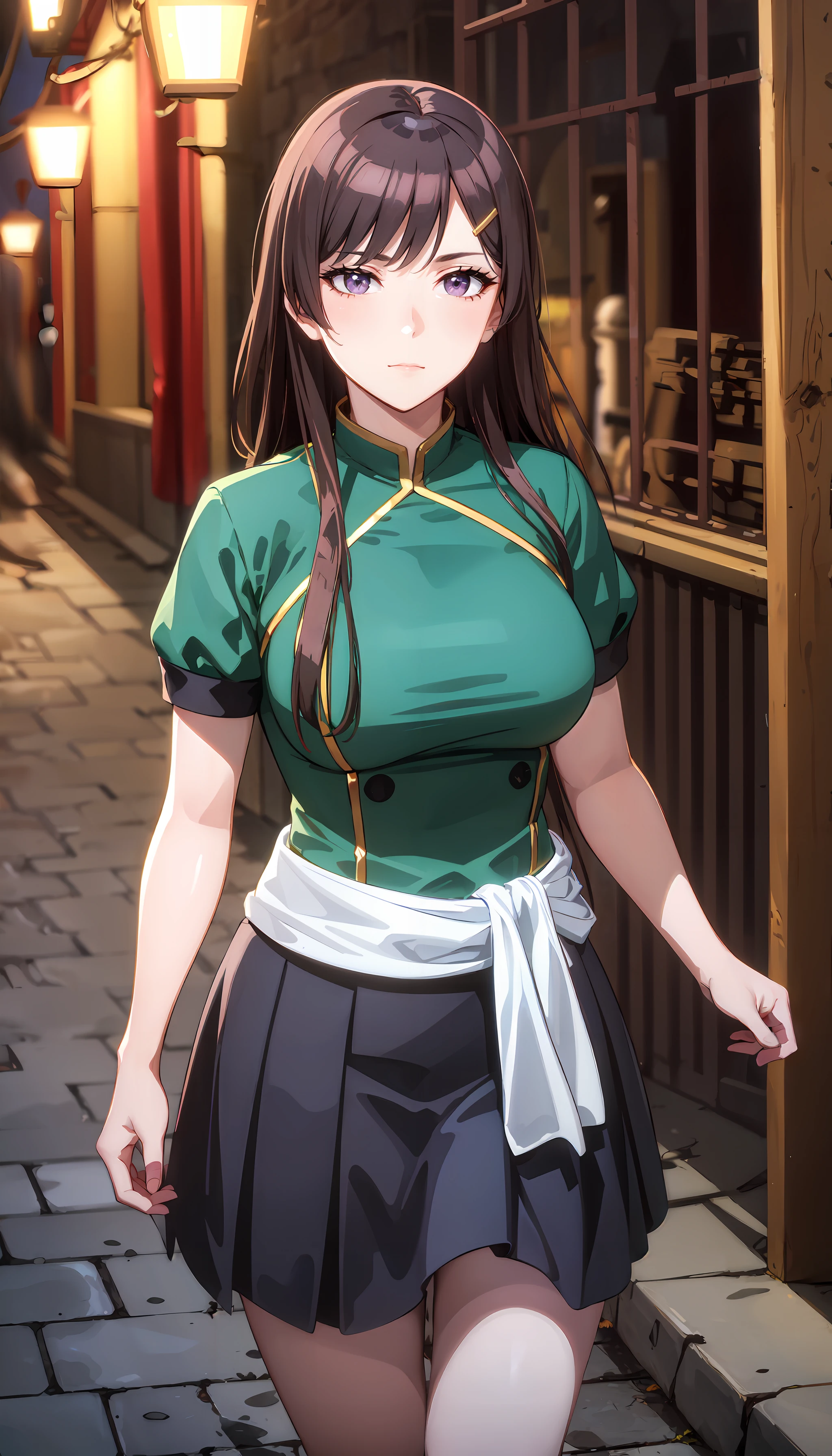 photorealistic, (4k), depth of field, (Masterpiece), (realistic skin texture), extremely detailed, intricate, hyper detailed, professional photography, bokeh, high resolution, sharp detail, best quality, woman, long hair, brown hair, purple eyes, green shirt, skirt, short sleeves, (white waist sash), <lora:GoodHands-vanilla:0.8> , <lora:detail_slider_v4:0.8> , looking away, dynamic pose, <lora:Hibiki Otonashi:0.8> , medieval streets, cobblestone path, east asian architecture,