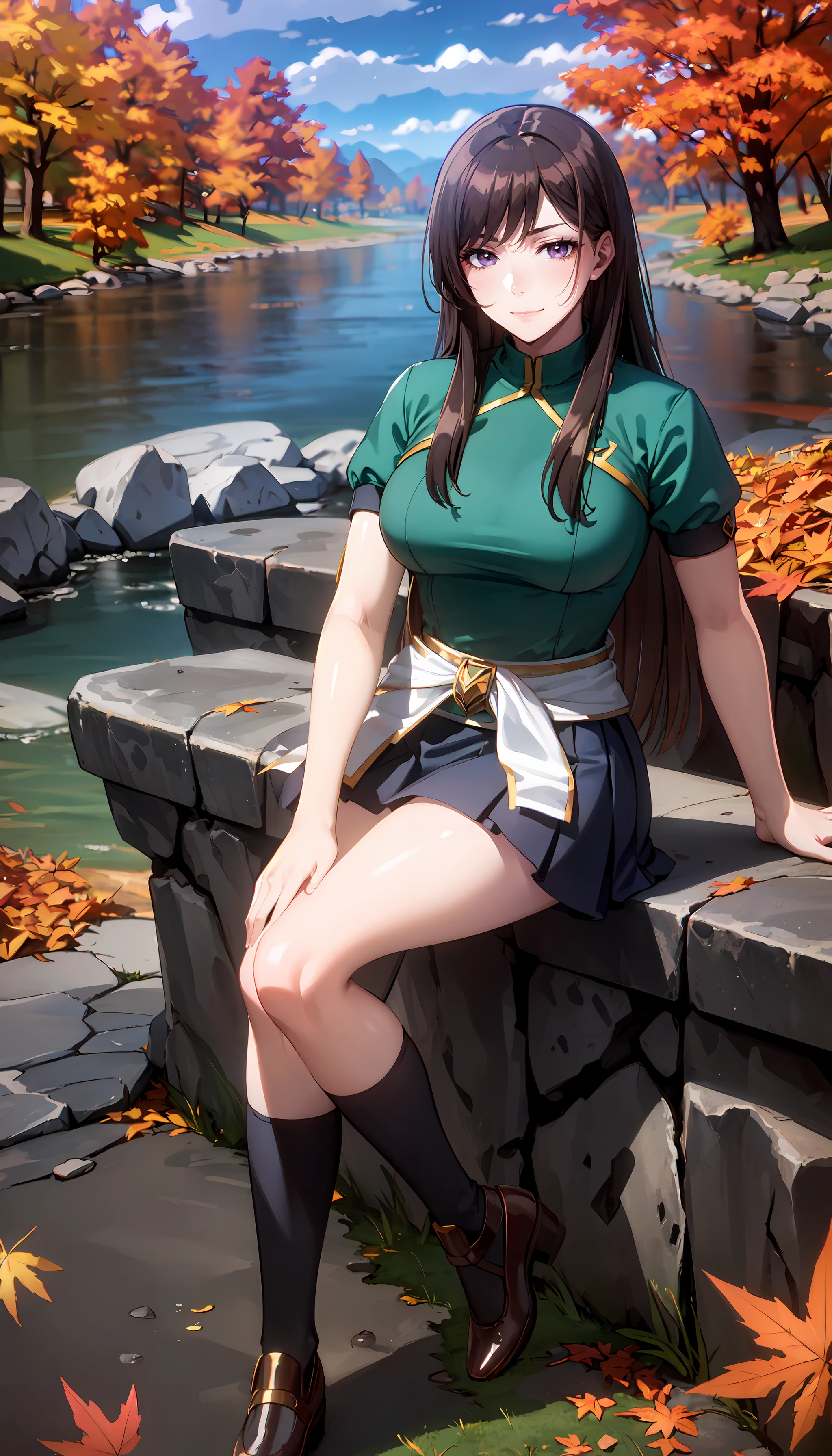 1girl, solo, blue eyes, big eyes, green hair, blunt bangs, multi-tied hair,m, green robe, small breasts, looking at viewer, chinese clothes, green hanfu, sitting, single bare leg, bare shoulders, no bra, nipple slip, flowers background, naughty face, blush, puffy nipples,