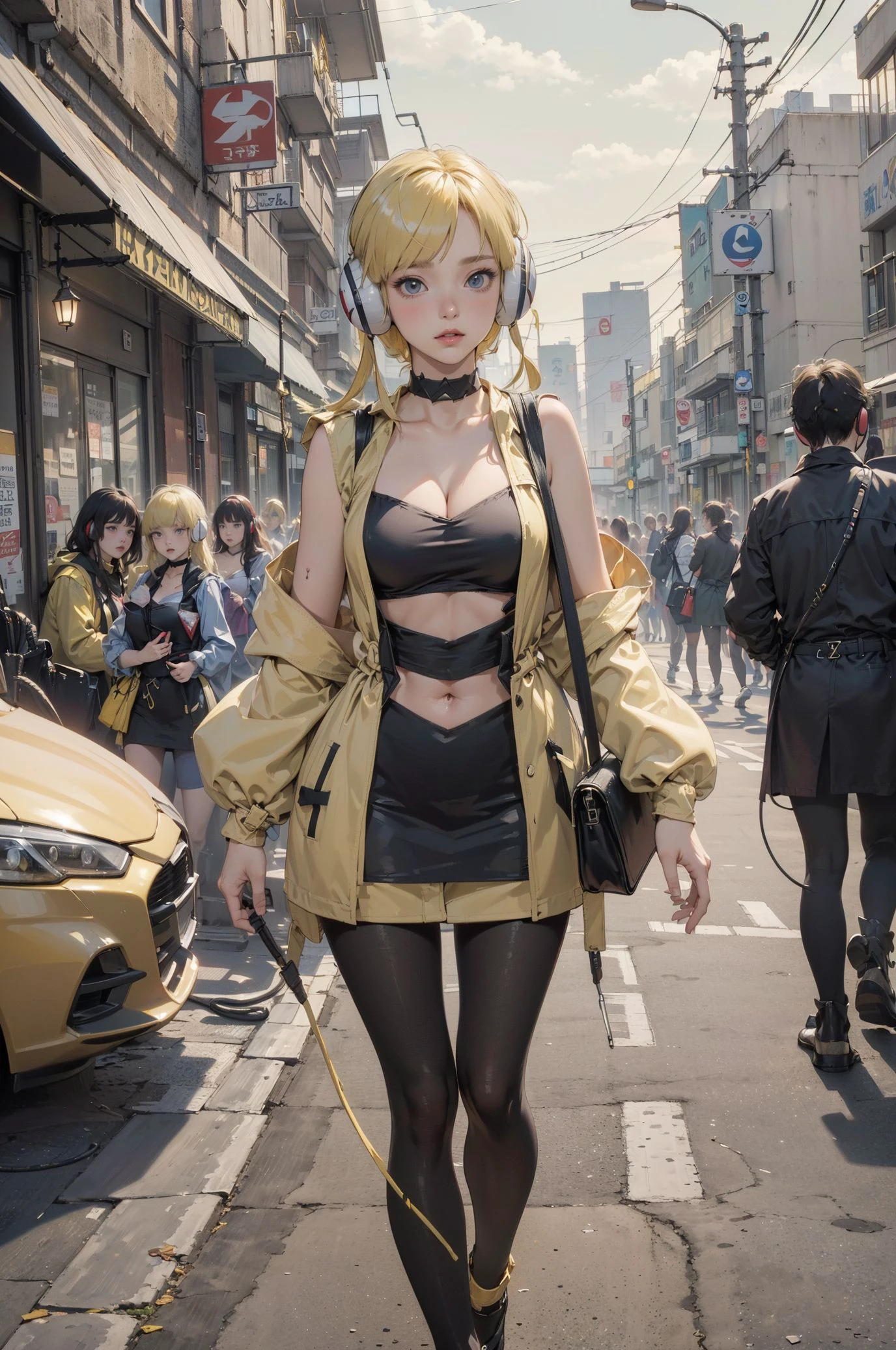 2Dstyle,(masterpiece:1.2),(extremely detailed),(8k:1.1),(perfect lighting,best quality,highres,original), (anime, 2D,illustration),(wide hip, large breasts, perfect slender young girl body)
,Perfectly glossy skin ,25 yo mature girl,shiny_and_glossy_skin
(((
ElesaClassicPokemon, <lora:elesa-nvwls-v1:0.6> ,((bw1elesa, blonde hair, short hair, headphones, (cables:1.4), choker, cleavage, black and yellow dress, short dress, clothing cutout, navel cutout, sleeveless, pantyhose))
,(in the winter, street, japanese winter, (wear trench coat), in sibuya crossroad, scenery,
)
))),
(full body)
,