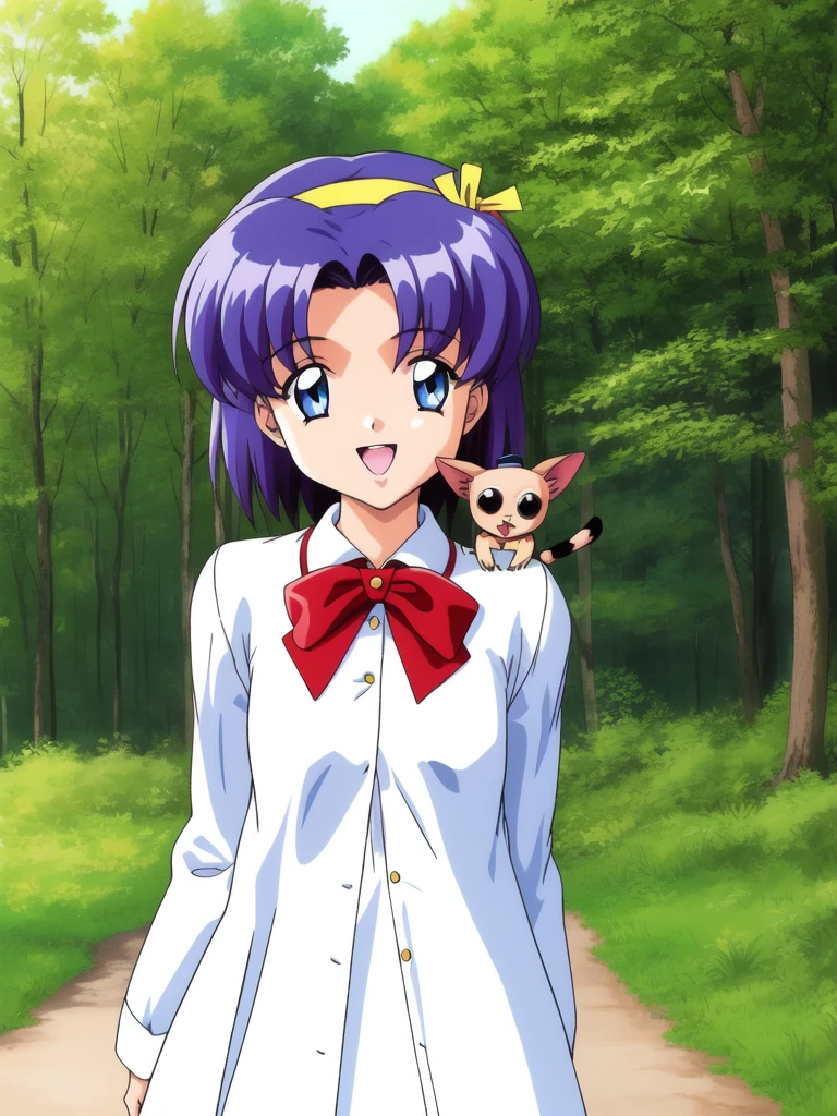 <lora:Nozaki_Sumire:1>, nozakisumire, 1girl, soro, short hair, blue eyes, purple hair, blue hair,Yellow_hairband, animal on shoulder, solo, cowboy Shot, long sleeves, open mouth, dress, 1990s (style), retro artstyle, short hair, standing, socks, smile, purple hair, ;d, bangs, animal, red footwear, looking at viewer, white dress, ribbon, hair ribbon, on shoulder, forest,
masterpiece, high quality, very_high_resolution, large_filesize, full color,