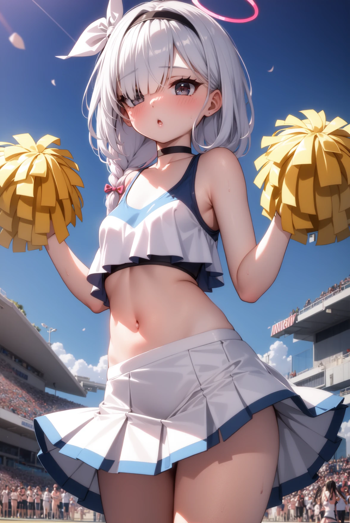 （cheerleaders:1.3）、(stadio:1.5)、(tiny chest:1.4)、Raw photography, top-quality, hight resolution, (​masterpiece), (Photorealsitic:1.4), animesque, foco nítido, nffsw, 8K分辨率, intricate detailes, depth of fields, the Extremely Detailed CG Unity 8K Wallpapers, front lit, girl with, Smile、(A slender:1.3)、(taken from the under:1.5)、Wear a baseball cap on your head、see -through、Striped panties are visible from the skirt、Cheerleading pom-poms and megaphones in hand