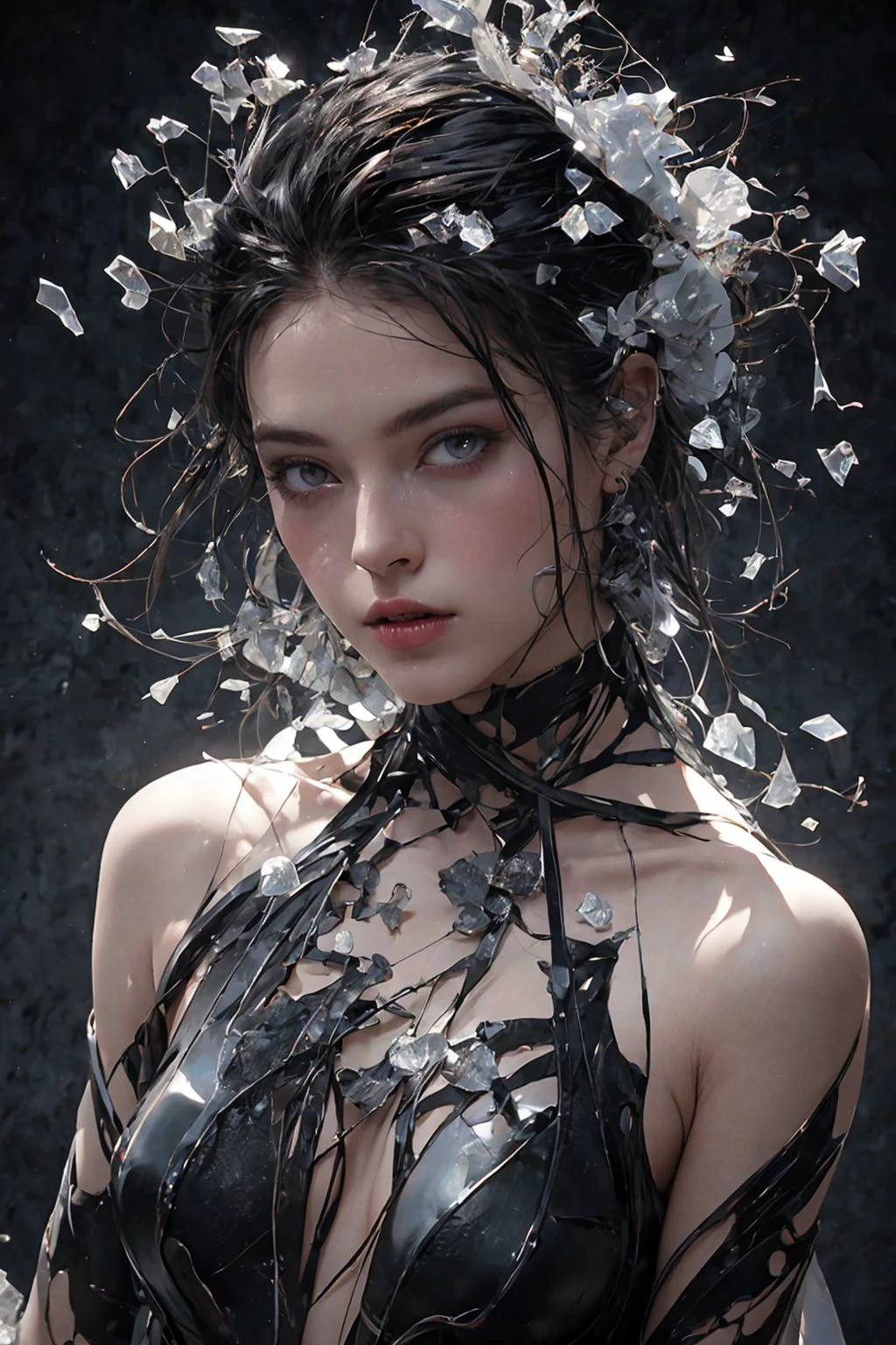 made of glass  beautiful porcelain woman  breaks apart into small pieces  (black background, rimlight) billions of glass fragments hanging in the air around, a masterpiece, 3d visualization, industrial design, fashion, techno fashion, reflection gloss, sharpness, cracks