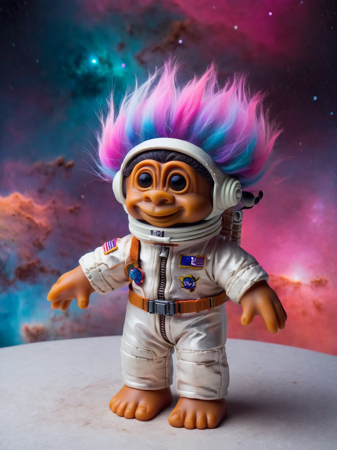 ais-trollz astronaut, with a shimmering space suit and helmet, floating near a colorful nebula in deep space, surrounded by distant stars and galaxies, creating a sense of cosmic wonder <lora:Russ_Trolls_Style_SDXL:1>