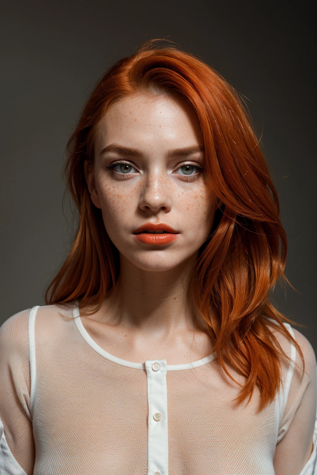 ((Portrait Photography)),(best quality, high quality, sharp focus:1.4), european beautiful woman, (orange hair:1.1), freckles, mode face, makeup, (light matt lipstick:1.1), look at the viewer, shirt, best quality, realistic , masterpiece, dark theme