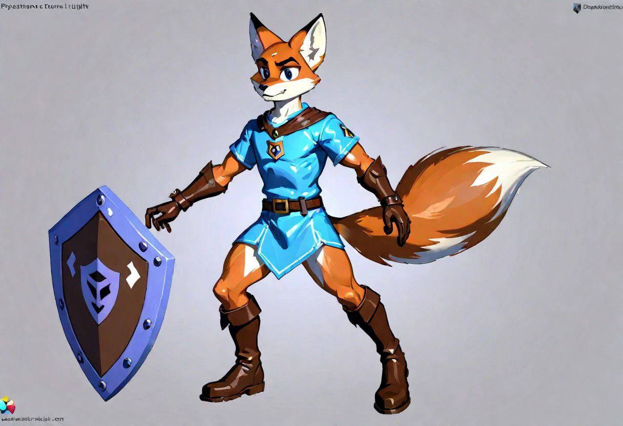 solo, male, Anthro, fox, two toned, two colored, blue tunic, brown gloves, brown belt, brown, boots, multicolored shield, fox emblem on shield, thick black eyebrows, big expressive brown eyes, cartoony, retro, playstation1 style, low resolution, low poly, 3d, circular shadows, soft pixel lighting, cell shading, textures warping in the background