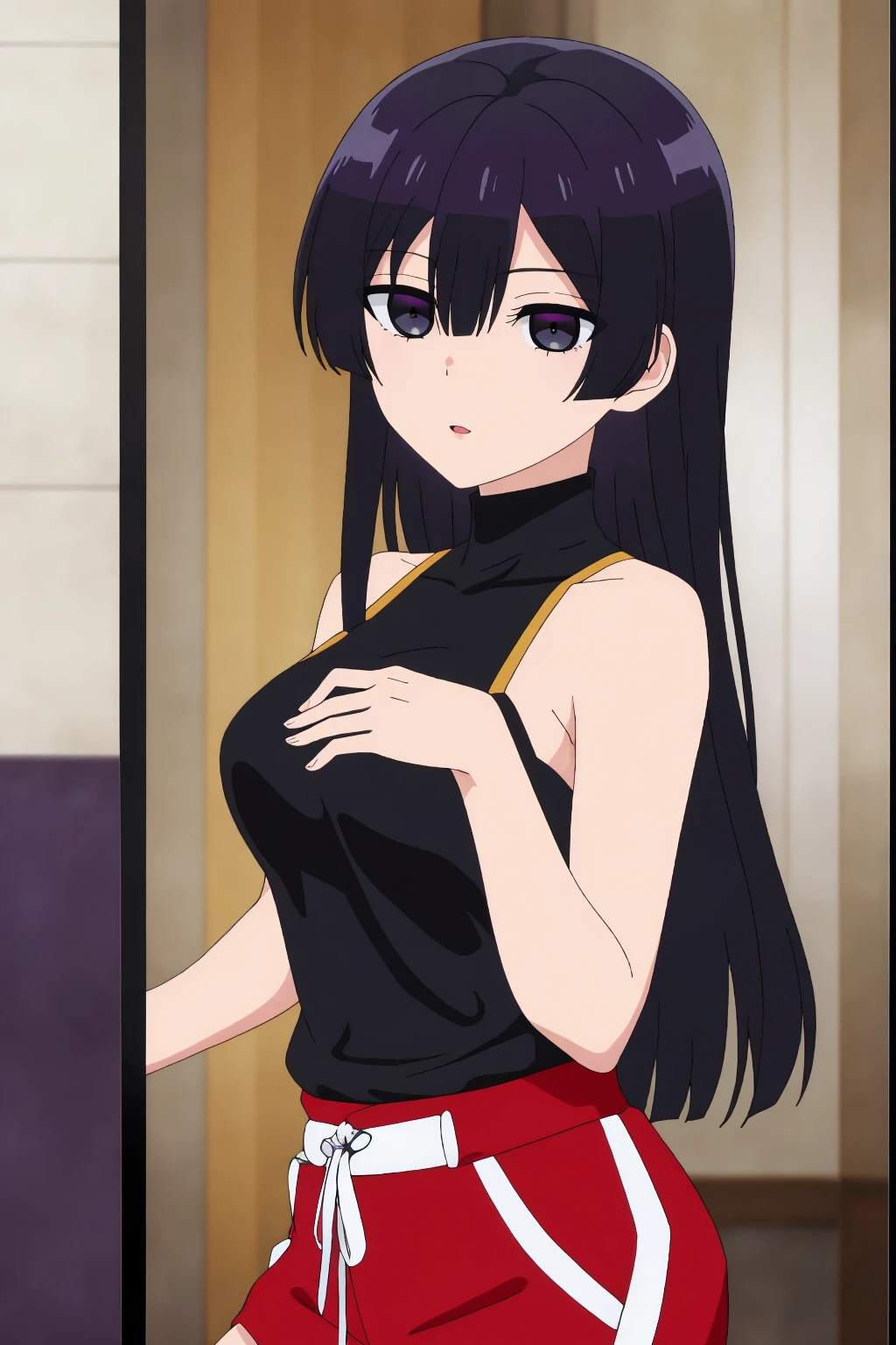 ((best quality)),((highly detailed)),masterpiece,absurdres,detailed face,beautiful face,(detailed eyes, deep eyes),1girl,((dynamic pose)) , <lora:EumiellaV1:0.7>,Eumiella, black eyes, long hair, black hair, bangs, hair between eyes, sidelocks, breasts, solo,black tank top, indoors ,medium breast, dolphin shorts, <lora:dolphin_shorts_v0.1:0.5>, <lora:MirrorSelfieLora:0.8>, anime, mirror selfie, holding phone<lora:add_detail:0.1>