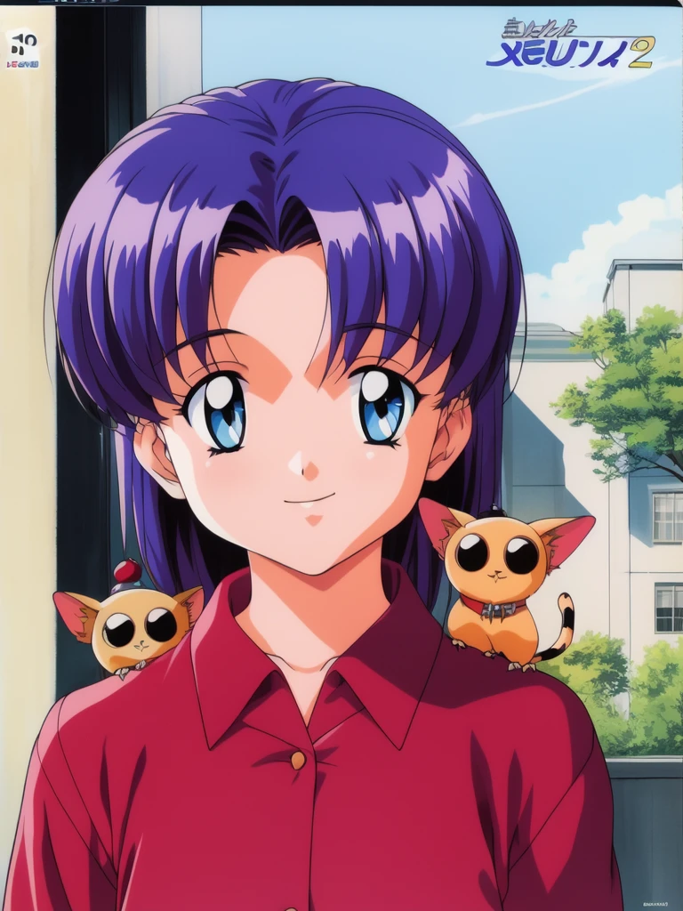 <lora:Nozaki_Sumire:1>, nozakisumire, 1girl, animal on shoulder, blue eyes, retro artstyle, smile, window, day, 1990s (style), solo, blue hair, purple hair, bangs, pajamas, sky, upper body, bird on shoulder, shirt, long hair, closed mouth, cloud, tree, parted bangs, building, animal,
masterpiece, high quality, very_high_resolution, large_filesize, full color,