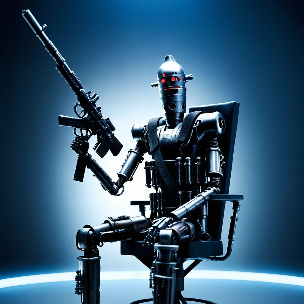 cinematic film still of <lora:IG-88:1>
IG-88 droid a robot sitting on a chair with a gun In Star Wars Universe, solo, simple background, white background, holding, sitting, weapon, male focus, holding weapon, gun, no humans, chair, robot, holding gun, rifle, science fiction, humanoid robot
, shallow depth of field, vignette, highly detailed, high budget, bokeh, cinemascope, moody, epic, gorgeous, film grain, grainy