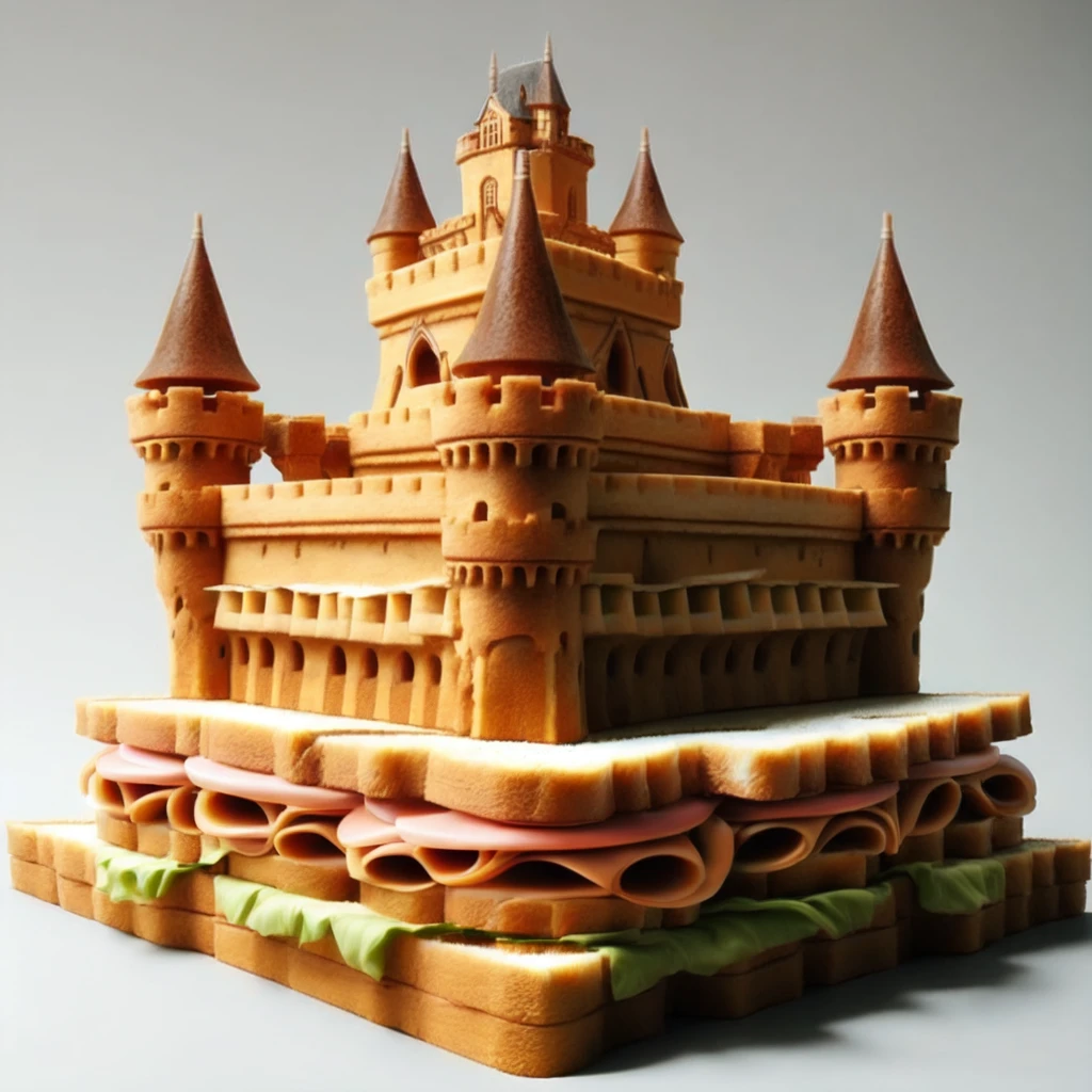 <lora:sandwich_castle_v1:0.7>, sandwich castle, 1girl, old woman, sitting, from side, realistic, castle, SWCL