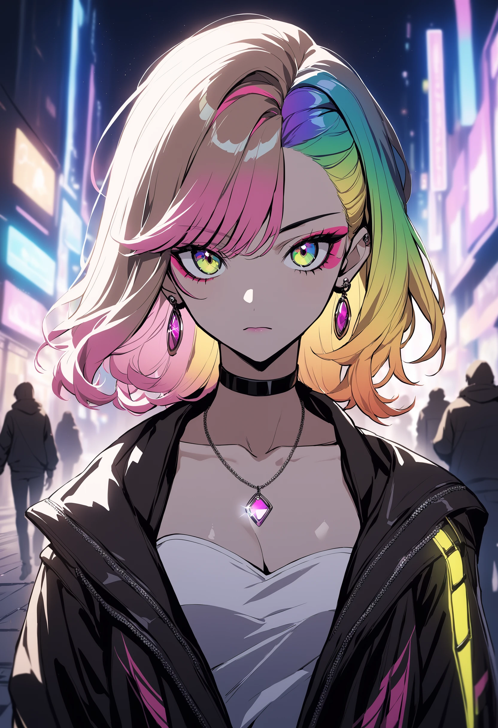 1girl, k/da (league of legends), Holo-Punk Style, black choker, black jacket, blurry, blurry background, choker, cleavage, closed mouth, collarbone, cyberpunk, earrings, gradient hair, jacket, jewelry, looking at viewer, makeup, medium breasts, medium hair, multicolored hair, rainbow hair, glitter aesthetic, necklace, night, open clothes, open jacket, outdoors, pink hair, solo, upper body , cinematic angle, foreshortening, cinematic lighting, newest, masterpiece, best quality , <lora:HoloPunkXL:0.5>