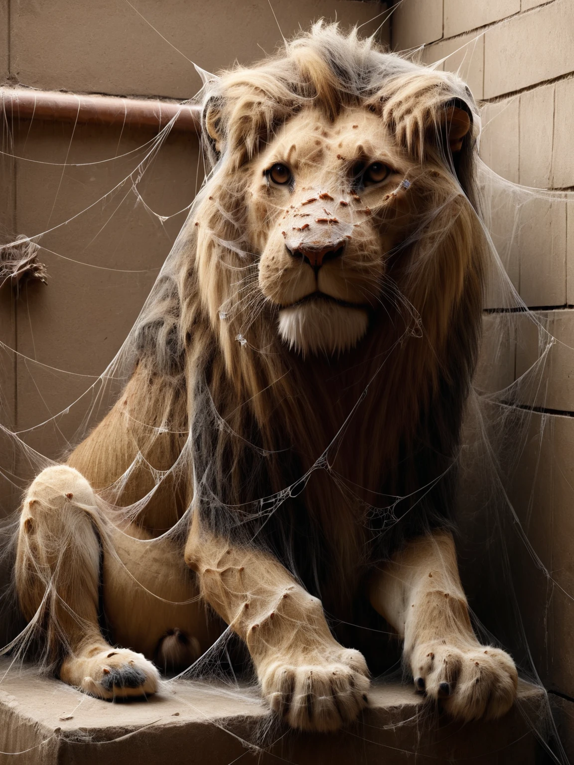 ais-webz lion, sitting in the corner of its small zoo enclosure <lora:Cobweb_Style_SDXL:1>