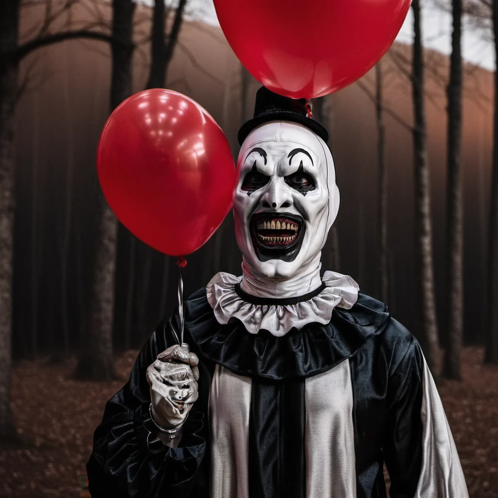 cinematic photo a scary clown holds balloons, kids afraid are screaming <lora:Art1024:0.8> . 35mm photograph, film, bokeh, professional, 4k, highly detailed