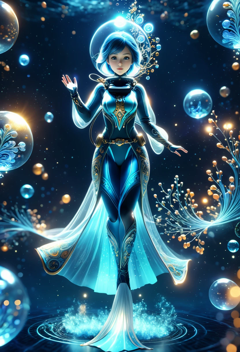 (best quality, masterpiece, absurdres, highres, ultra_detailed, dynamic angle:1.2), photography of 1girl, mage, aquamancer, (colorful:1.3) ornate diving bodysuit, lama scuba helmet, glowing cybernetics, long robe woven with celestial patterns, (spellcasting, arcane knowledge, empowering allies, elemental water magic:1.5), ethereal glowing runes, (underwater:1.2), sea plants, bioluminescence, futuristic, sci-fi, (intricate details, hyperdetailed:1.15), (ultrahigh resolution textures), bokeh, (volumetric, cinematic, dim blue) lighting, caustics, depth of field, <lora:lama_scuba_helmet-xl-v2-000012:0.5>, <lora:EnvyScifiStreamlineXL01:0.1>, <lora:DonMM4g1cXL-v2.1-000010:0.7>