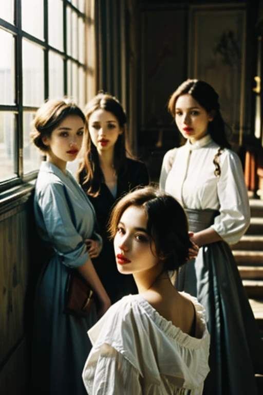 beautiful group of 19 person woman wearing victorian costume focus on face, in the opera stage