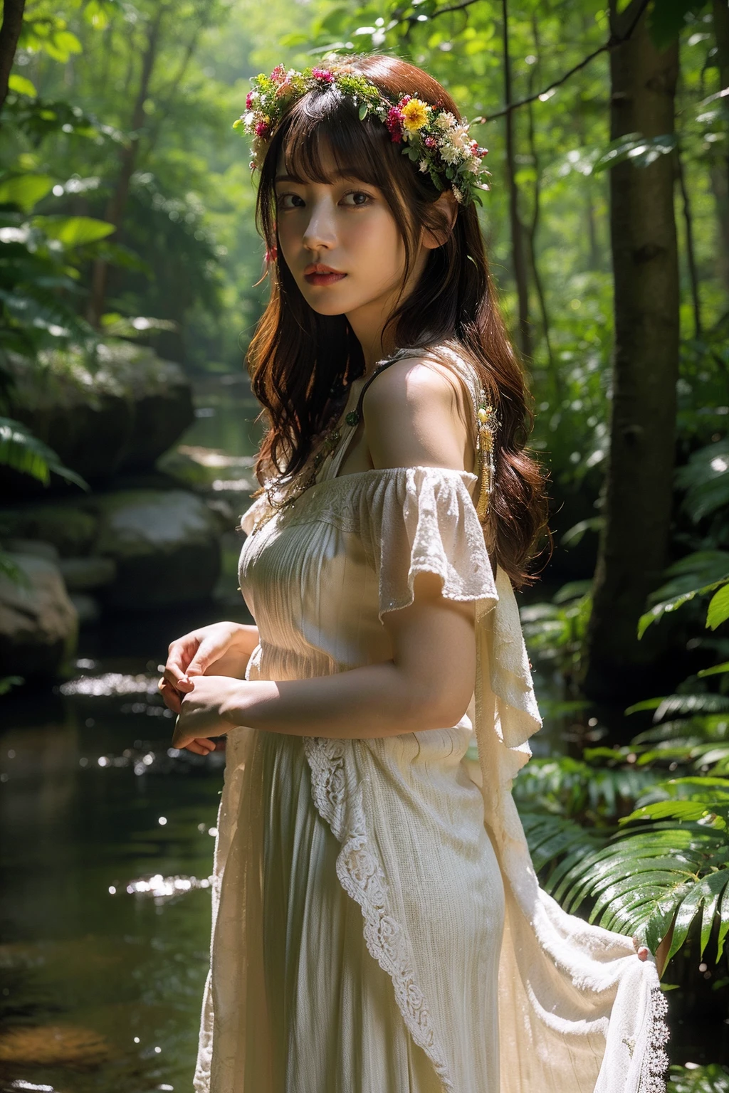 Best quality, masterpiece, ultra high res, (photorealistic:1.4), raw photo,1girl, solo, realistic, looking at viewer,forest, hair ornament, flower plants, cowboy shoot, bohemian dress, <lora:makina69_kaedekaren_v2.0:1>