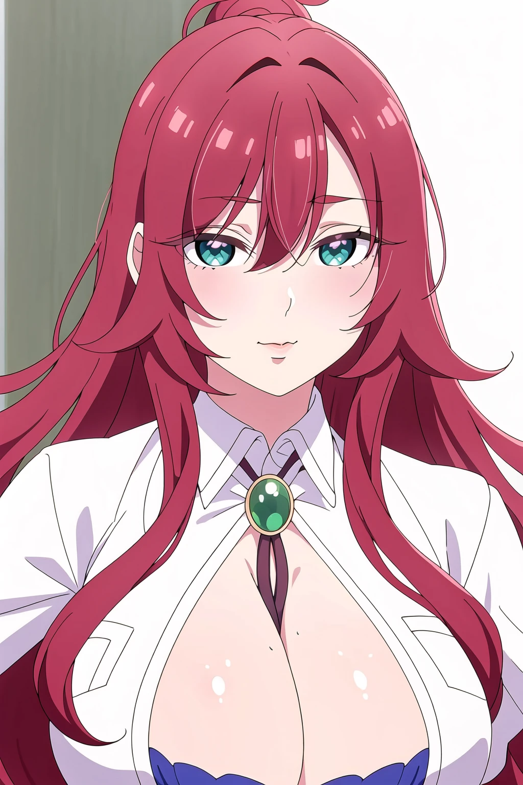 Simple White Background,
white shirt,long sleeves,purple bra,cleavage cutout, 
<lora:Kusuri_Yakuzen_100Girlfriends-KK77-V1:0.7>,
Green eyes, red hair,bangs,Long hair,wavy hair,lipstick, 
<lora:Oda_Non_Style-KK77-V2:0.3>,<lora:more_details:0.1>,
1 girl, 20yo,Young female,Beautiful long legs,Beautiful body,
Beautiful Nose,Beautiful character design, perfect eyes, perfect face,expressive eyes,perfect balance,
looking at viewer,(Focus on her face),closed mouth, (innocent_big_eyes:1.0),(Light_Smile:0.3),
official art,extremely detailed CG unity 8k wallpaper, perfect lighting,Colorful, Bright_Front_face_Lighting,White skin,
(masterpiece:1.0),(best_quality:1.0), ultra high res,4K,ultra-detailed,
photography, 8K, HDR, highres, absurdres:1.2, Kodak portra 400, film grain, blurry background, bokeh:1.2, lens flare, (vibrant_color:1.2),professional photograph,
(Beautiful,large_Breasts:1.4), (beautiful_face:1.5),(narrow_waist),