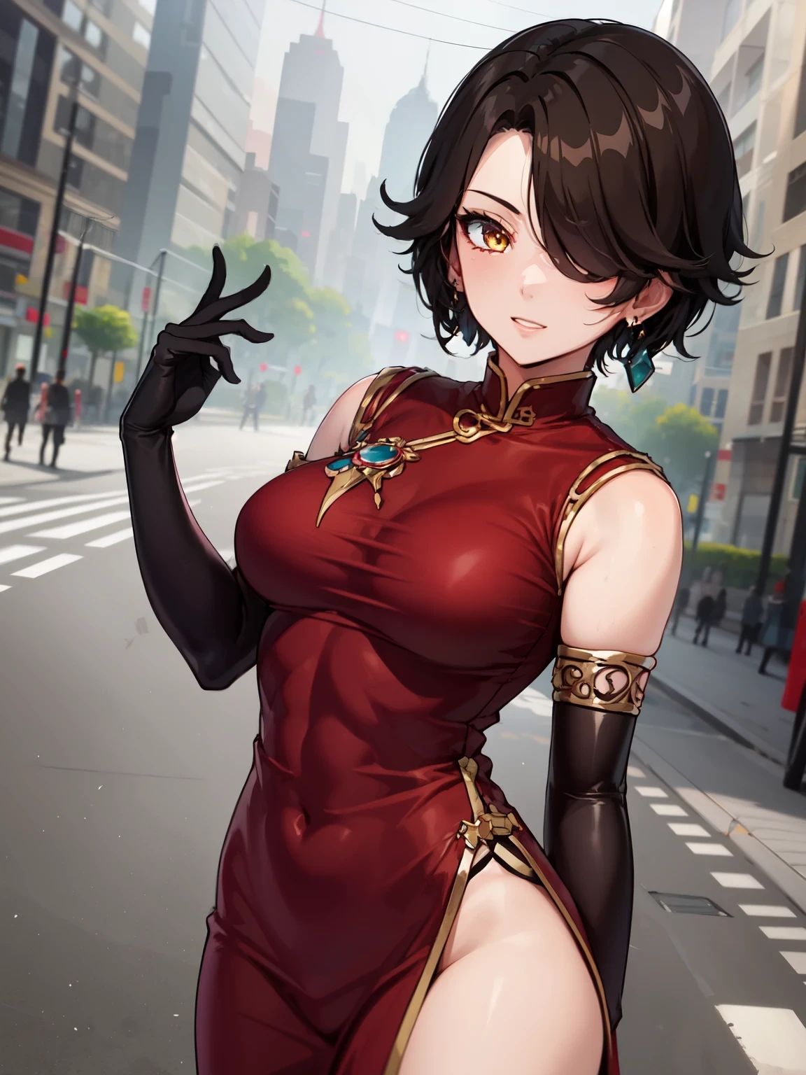 (masterpiecer, best quality, ultra-detailed), CinderFall, yellow eyes, short hair, black hair, hair over one eye, jewelry, earrings, black gloves, elbow gloves, scar, red dress, china dress, standing, looking at viewer