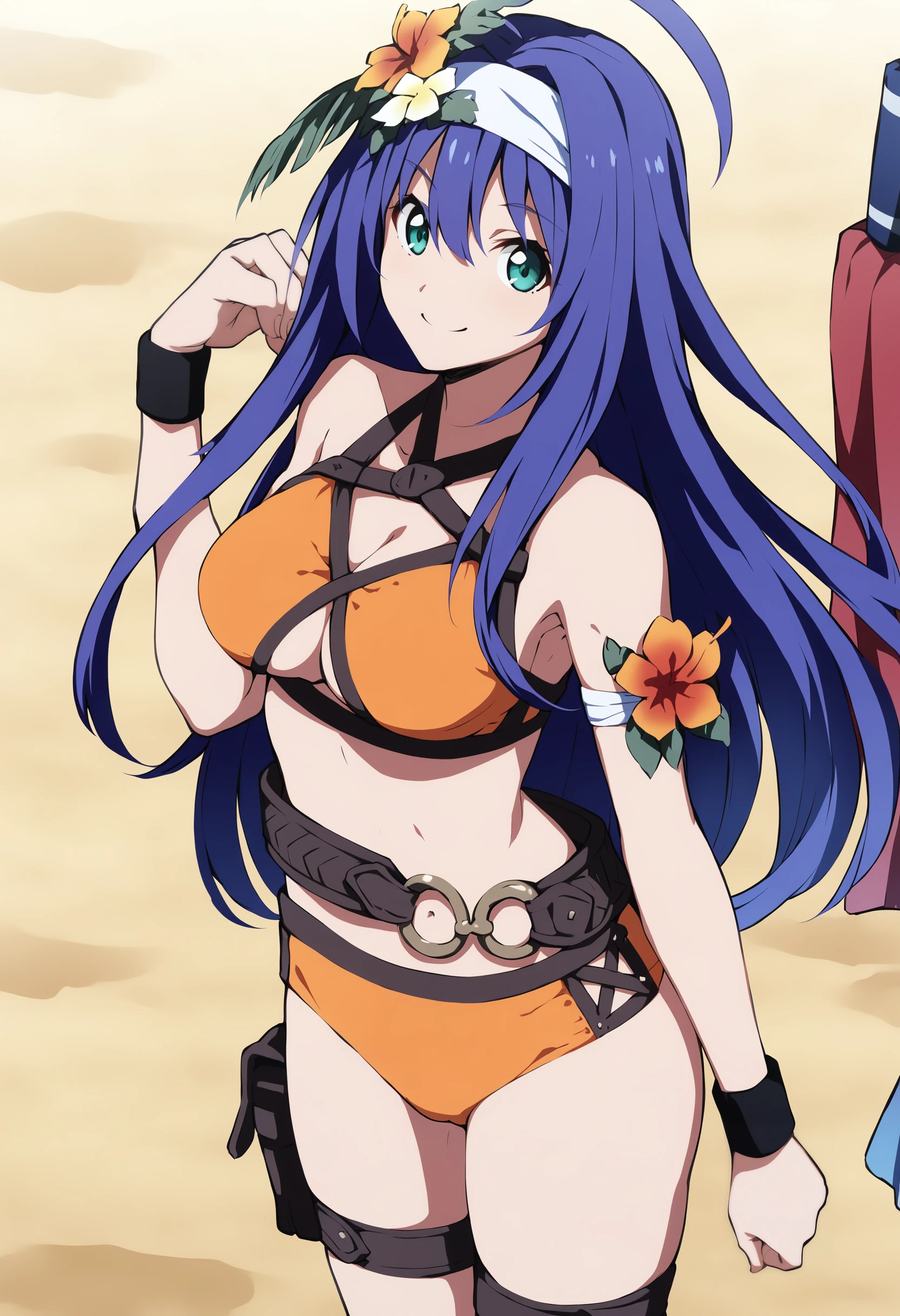 1girl,<lora:summer miaXL:0.8>,summer mia,orange bikini,armband,wristband,thigh strap,belt,cowboy shot,standing,smile,sandy beach,looking at viewer,anime coloring,best quality,masterpiece