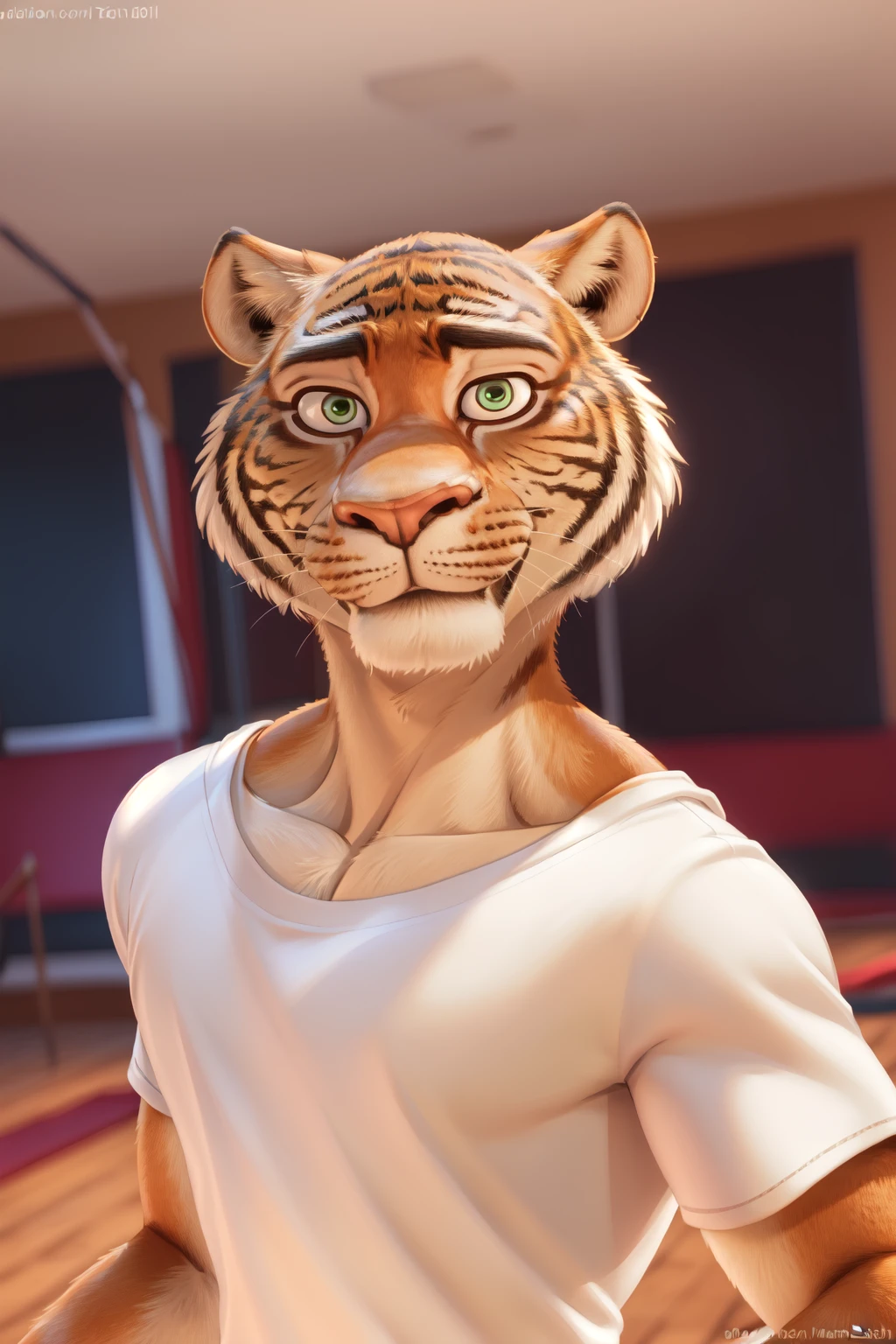 <lora:ryan-08:1>, ryan(sing), sing movie, tail, green eyes, solo, (posing:1.3), (soft shading), 4k, hi res, ((detailed face, detailed)), (full body), by zackarry911, by zaush, (by personalami:0.5), dance room, white shirt, portrait, face focus, close up, looking at viewer, smile,