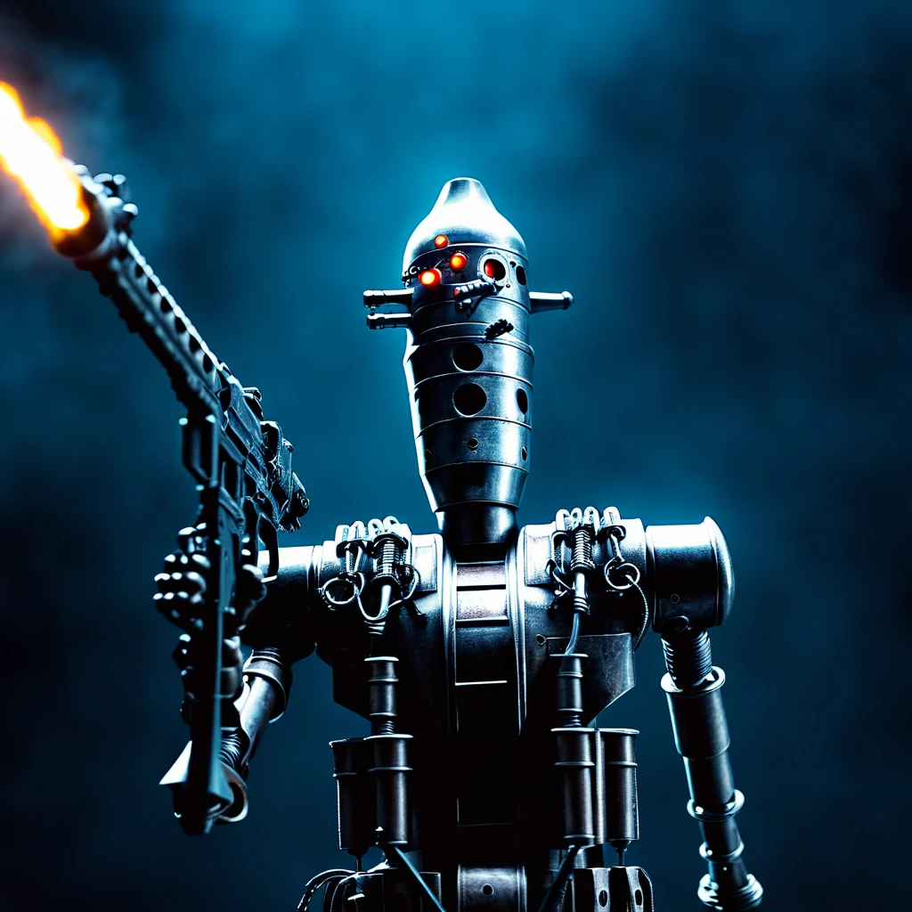 cinematic film still of <lora:IG-88:1>
IG-88 droid a robot with a gun in its hand In Star Wars Universe, solo, weapon, holding weapon, gun, no humans, robot, mecha, science fiction, realistic, humanoid robot
, shallow depth of field, vignette, highly detailed, high budget, bokeh, cinemascope, moody, epic, gorgeous, film grain, grainy