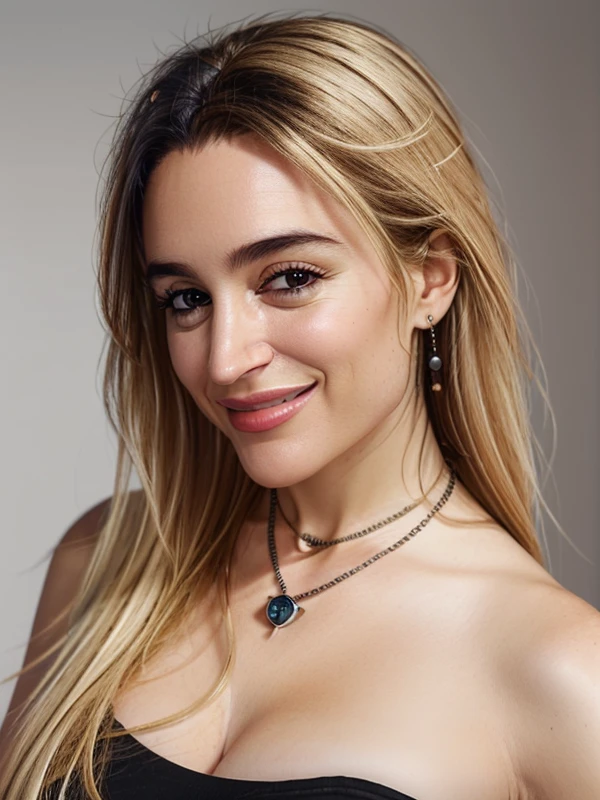 gquality, <lora:fatima:1> fatima, 1girl, solo, looking at viewer, jewelry, smile, simple background, white background, necklace, portrait, realistic, bare shoulders, black shirt, blonde hair, brown eyes