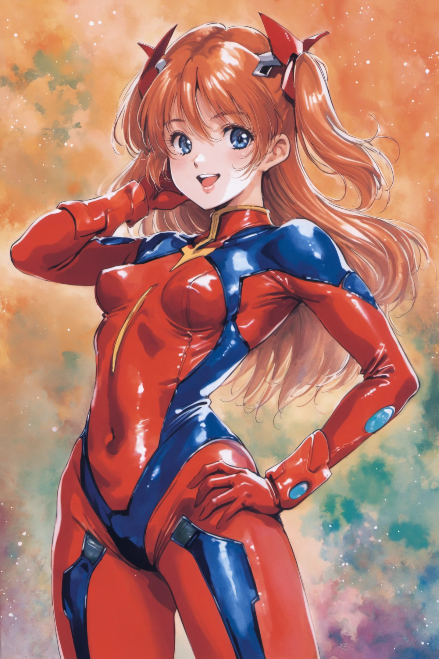 1girl, long hair, plugsuit, bodysuit, souryuu asuka langley, pilot suit, bracer, blue eyes, smile, open mouth, breasts, bangs, turtleneck, solo, cowboy shot, :d, hair between eyes, gloves, (red bodysuit:1.5), small breasts,looking at viewer, headgear, two side up, hand on hip, skinny, adjusting hair, narrow waist, standing, orange hair, science fiction,hand up, shiny clothes, hair ornament, happy, from side, shiny, skin tight, traditional media, watercolor (medium),<lora:Haruhiko Mikimoto_XL:0.8>