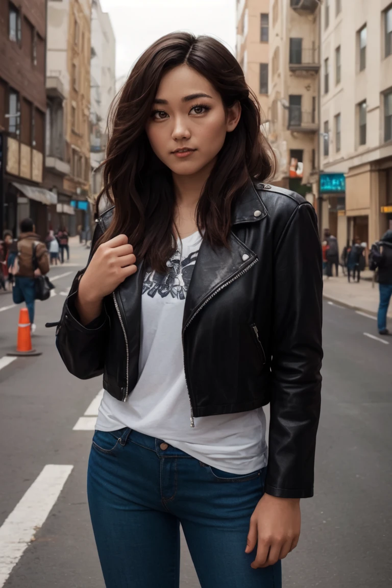 <lora:mondongo_LoRA_KarenFukuhara:1> mndngwmn, (3/4 body protrait), (8k, masterpiece),(high quality), wearing a leather jacket, on the street