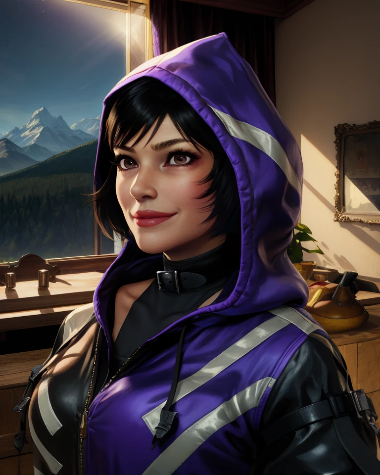 Reina,two-tone hair,brown eyes,smile,
black and purple jacket,hood up,collar,
standing,upper body,
night,mountain,castle,indoors,
(insanely detailed, masterpiece, best quality),<lora:Reina:0.9>,