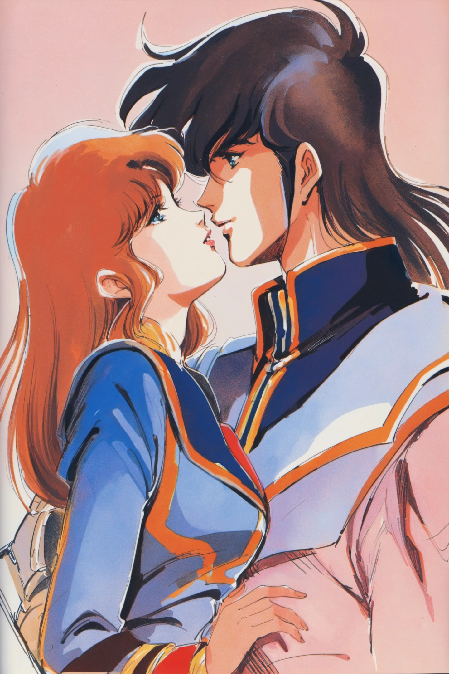 1girl, 1boy, hetero, couple, 1980s (style), long hair, uniform, retro artstyle, military, military uniform, sketch, imminent kiss, traditional media, watercolor (medium),<lora:Haruhiko Mikimoto_XL:0.8>
