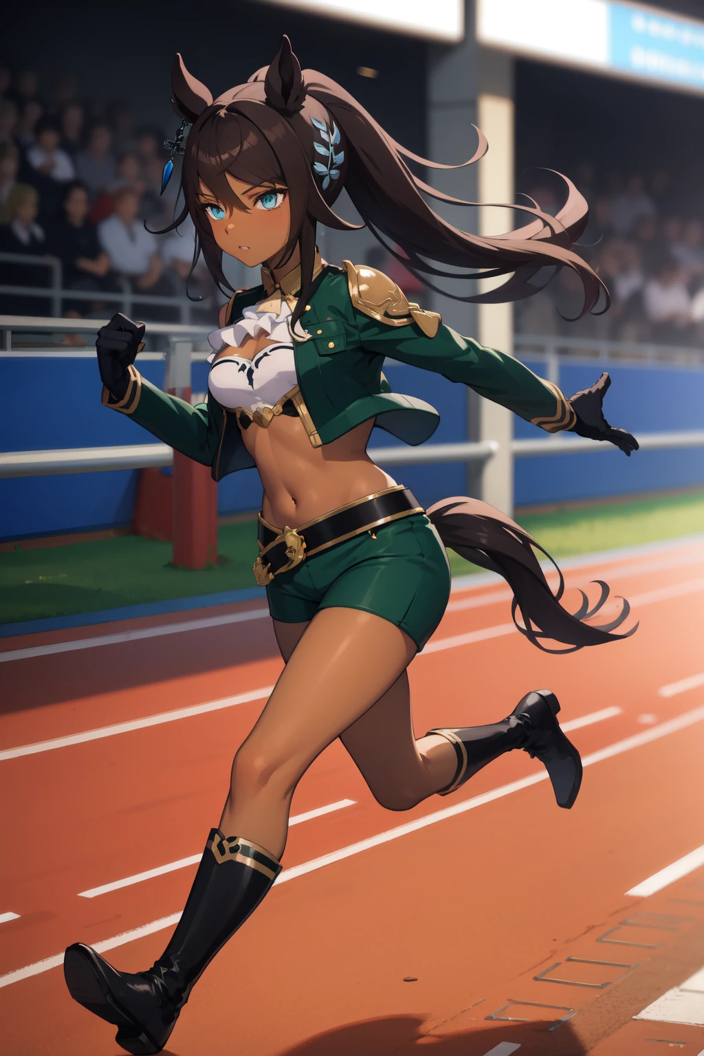 masterpiece, best quality, highres, sksuma, aqua eyes, dark skin, dark-skinned female, horse girl, single earring, hair ornament, very long hair, ponytail, horse tail, cleavage, ascot, single shoulder armor, green jacket, long sleeves, black gloves, navel, belt, green shorts, thigh strap, knee boots, running, full body, running track, spread legs, knee up<lora:SymboliKrisSUmaMusume-06:0.9>