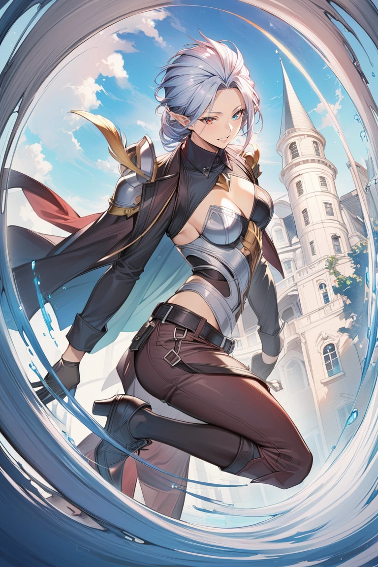 1girl, grmv, absurdly long hair, hair slicked back, heterochromia, pointy ears, blue eye, red eye, formal, collared red shirt, jacket on shoulders, chain belt, black gloves, pants, black legwear, ((high quality:1.2, masterpiece:1.2)), highly detail, dynamic angle, rating: sensitive, happy, mile shoot, facing viewer, , full portrait, dynamic signal, mansion, <lora:GrimnirXLGBF-000020:1>, mature female, medium breasts,