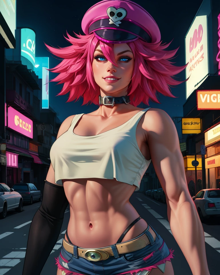 poison,pink hair,blue eyes,short hair,white crop top,single elbow glove,collar,short shorts,
peaked cap,
upper body,standing,smile,looking at viewer,
night,neon lights, streets,
(insanely detailed, masterpiece, best quality),solo,<lora:poisonSF5-10V8:0.8>,