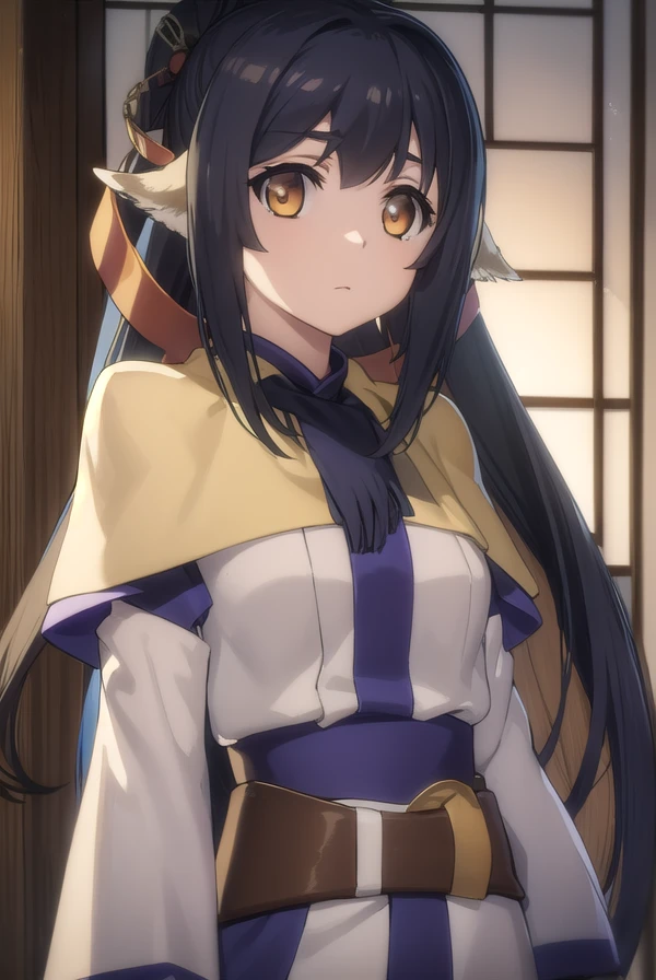 utawarerumonokuon, <lora:utawarerumono kuon s2-lora-nochekaiser:1>,
kuon, long hair, black hair, hair ornament, animal ears, (brown eyes:1.5), very long hair, ponytail, low-tied long hair,
BREAK tail, robe, long sleeves, capelet, wide sleeves,
BREAK outdoors,
BREAK looking at viewer, (cowboy shot:1.5),
BREAK <lyco:GoodHands-beta2:1>, (masterpiece:1.2), best quality, high resolution, unity 8k wallpaper, (illustration:0.8), (beautiful detailed eyes:1.6), extremely detailed face, perfect lighting, extremely detailed CG, (perfect hands, perfect anatomy),