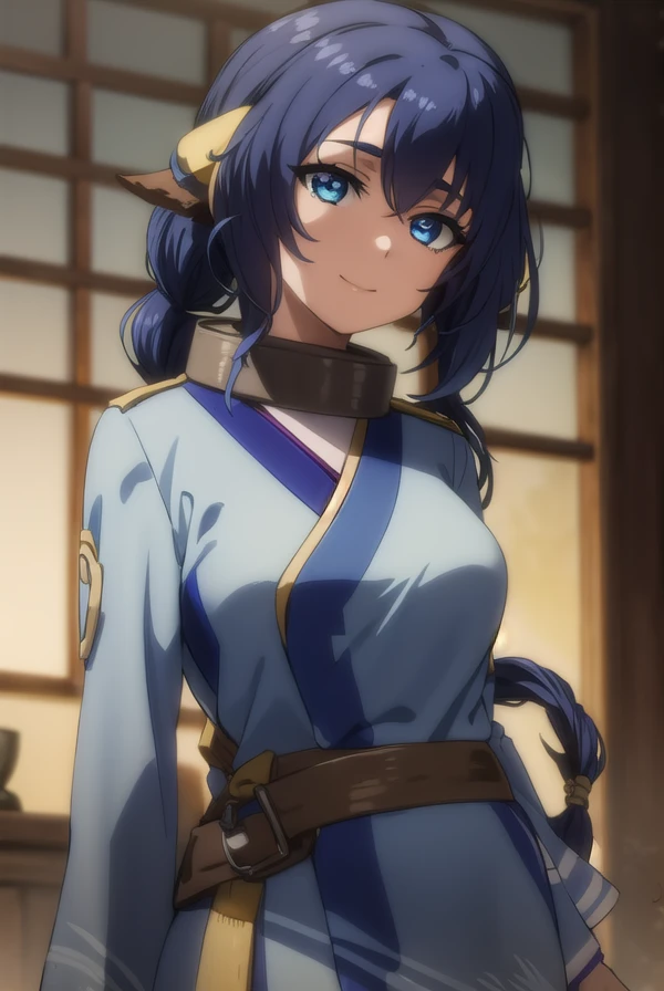utawarerumonokarura, <lora:utawarerumono karura s2-lora-nochekaiser:1>,
karura, blue hair, animal ears, blue eyes, long hair, braided ponytail, smile,
BREAK tail, japanese clothes, kimono, collar, metal collar,
BREAK outdoors,
BREAK looking at viewer, (cowboy shot:1.5),
BREAK <lyco:GoodHands-beta2:1>, (masterpiece:1.2), best quality, high resolution, unity 8k wallpaper, (illustration:0.8), (beautiful detailed eyes:1.6), extremely detailed face, perfect lighting, extremely detailed CG, (perfect hands, perfect anatomy),