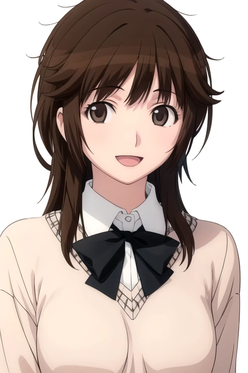 solo, 1girl, looking at viewer, 2D, anime, anime coloring, upper body, (solid white background:1.3), <lora:rihoko-amagami:0.8>, rihoko sakurai, kibito high school uniform, sweater, black bow, looking at viewer, smile, :d