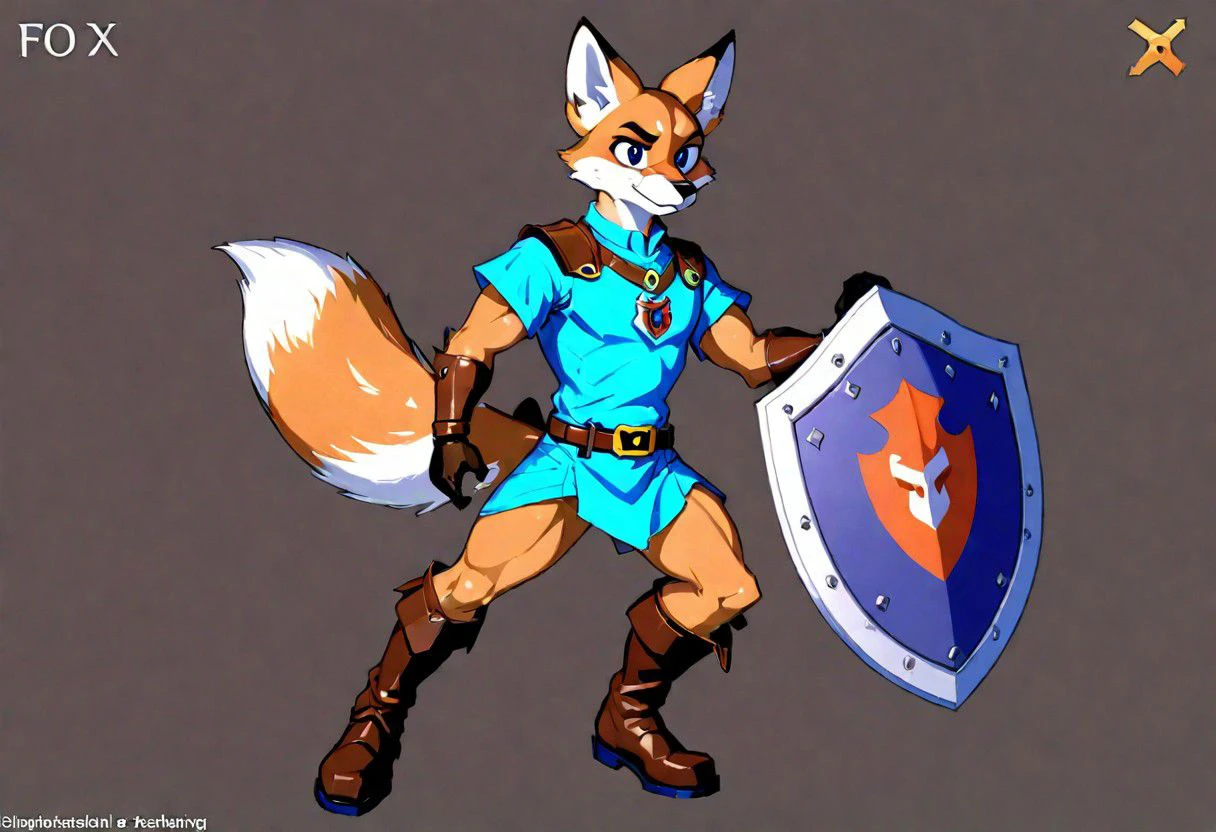 solo, male, Anthro, fox, two toned, two colored, blue tunic, brown gloves, brown belt, brown, boots, multicolored shield, fox emblem on shield, thick black eyebrows, big expressive brown eyes, cartoony, retro, playstation1 style, low resolution, low poly, 3d, circular shadows, soft pixel lighting, cell shading, textures warping in the background