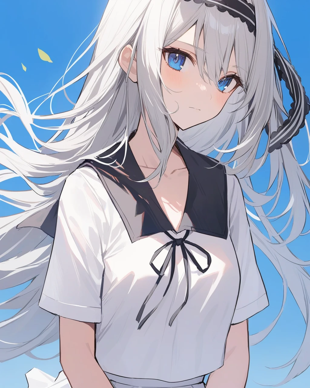 masterpiece,best quality,<lora:hirogane_Kei:1>,Shirogane Kei,1girl,solo,shuuchiin academy school uniform,looking at viewer,black ribbon,neck ribbon,black hairband,white shirt,white skirt,bangs,short sleeves,collarbone,blue eyes,closed mouth,upper body,very long hair,summer uniform,white hair,striped,floating hair,hair between eyes,blue background,grey hair,sailor collar,