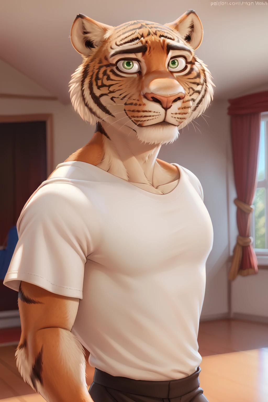 ryan(sing), sing movie, cola, green eyes, (posing:1.3), (Soft shading), 4k, anything, ((take off face, take off)), (whole body), por zackary911, by zaush, (by personal:0.5), town (salon, white tank top, black briefs, looking at the viewer, smile