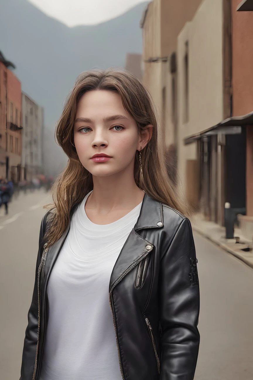 8k, realistic, vray, HDR, 6000K, best quality, portrait photo of beautiful <hypernet:darina_kudryavskaya:1> girl wearing a decorative leather jacket, on a city street, outdoors, looking at viewer, perfect face, perfect eyes, sharp focus
