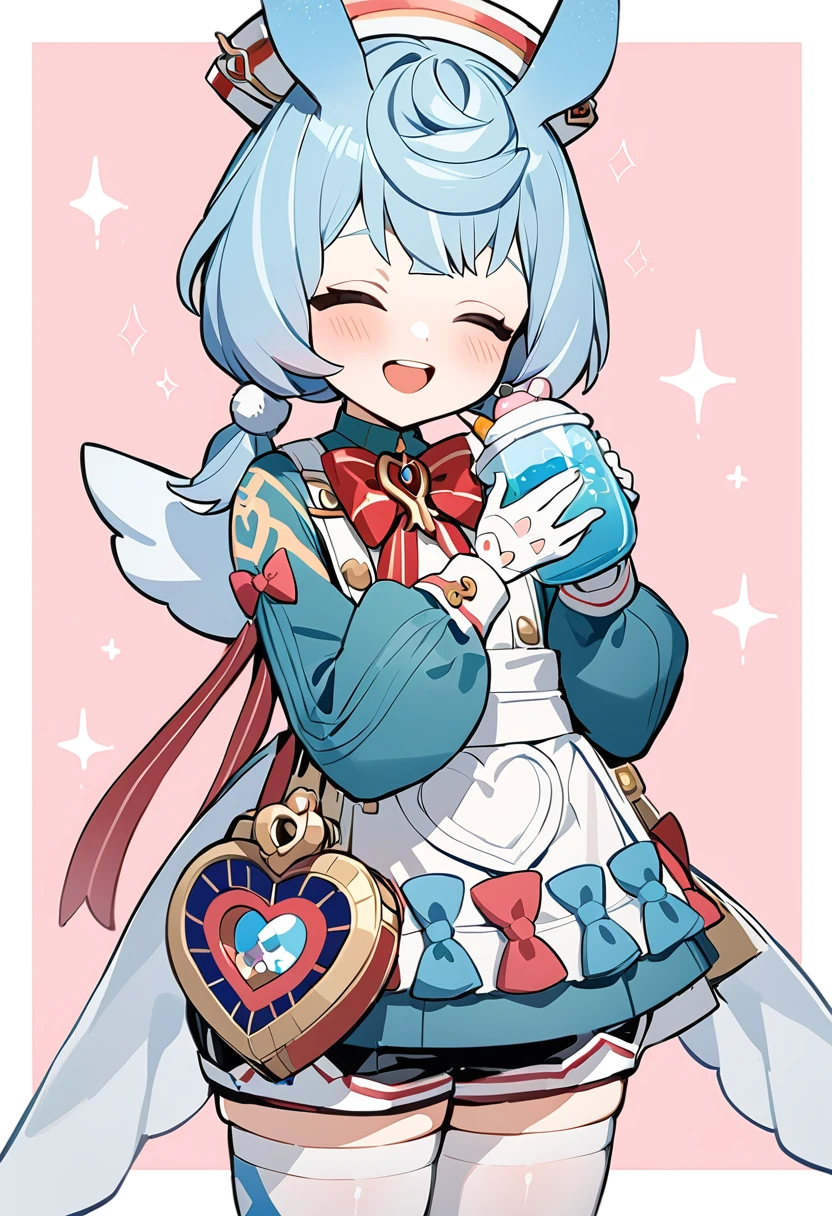 1girl, sigewinne \(genshin impact\), 1girl, closed eyes, open mouth, white gloves, smile, blush, holding, bag, twintails, blue hair, pink background, white headwear, long sleeves, eyebrows visible through hair, teeth, thighhighs, white legwear, upper teeth, low twintails, short twintails, short hair, cowboy shot, ^ ^, :d, shorts, shoulder bag, puffy sleeves, blue dress, facing viewer, red bow, simple background, holding cup, light blue hair, animal ears, border, handbag, sparkle, hands up, hair ornament, puffy long sleeves, pink bow, blue bow, white background, standing, two-tone background, solo, apron, red bow on apron, blue bow on apron, nurse cap, heart-shaped bag, white thighhighs, white apron, red bowtie, green shirt, black shorts, white waist bow, white wings, mini wings, apron bow, masterpiece, best quality <lora:sigewinne_genshin_impact_sdxl_locon_v1:0.7>