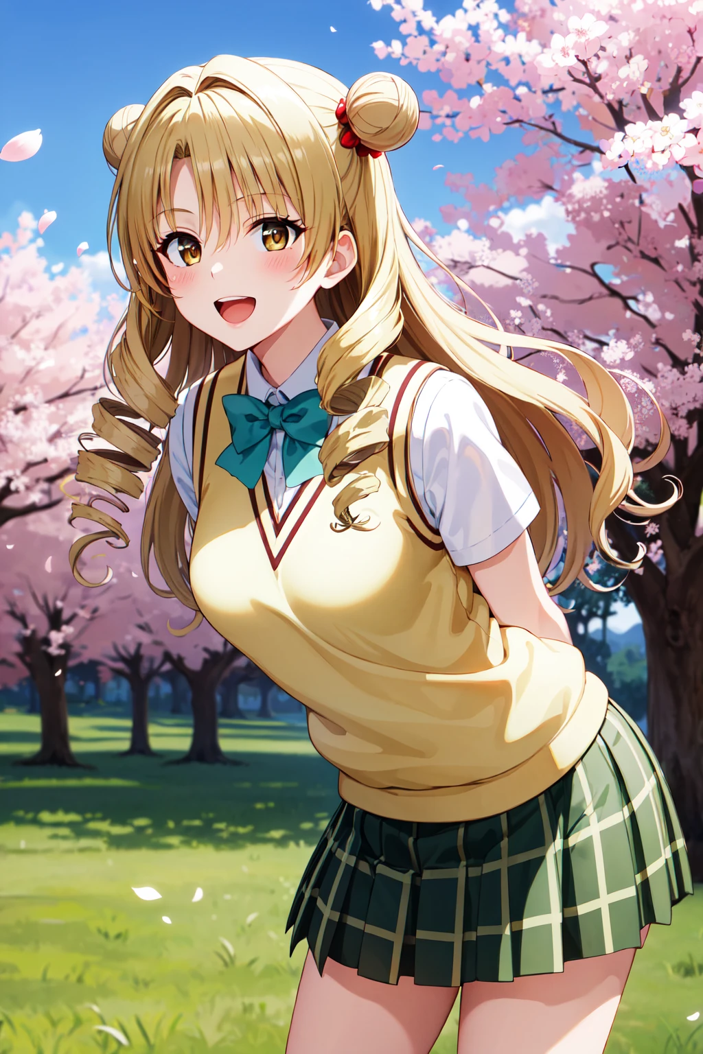 masterpiece, best quality, highres, 1girl, solo, long hair, blonde hair, double bun, drill hair, brown eyes, school uniform, green bowtie, white shirt, sweater vest, yellow vest, short sleeves, plaid skirt, green skirt, <lora:tenjouin_saki_v1:0.7>, arms behind back, leaning forward, standing, outdoors, smile, open mouth, cherry blossoms,