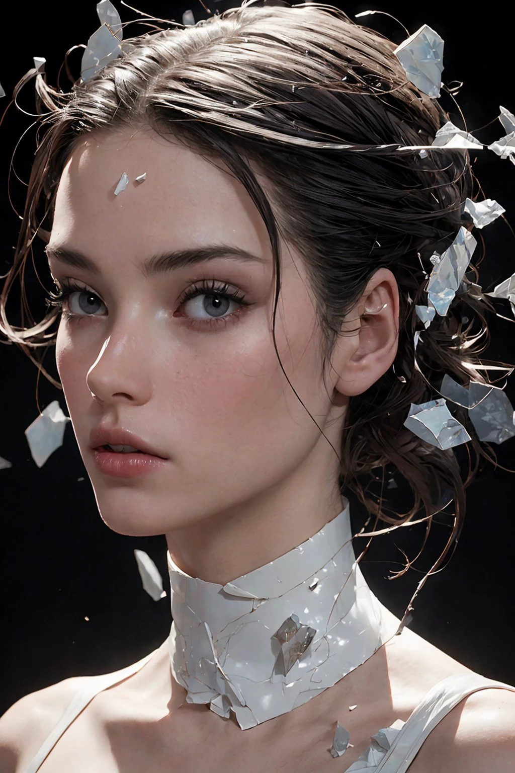 made of glass  beautiful porcelain woman  breaks apart into small pieces  (black background, rimlight) billions of glass fragments hanging in the air around, a masterpiece, 3d visualization, industrial design, fashion, techno fashion, reflection gloss, sharpness, cracks