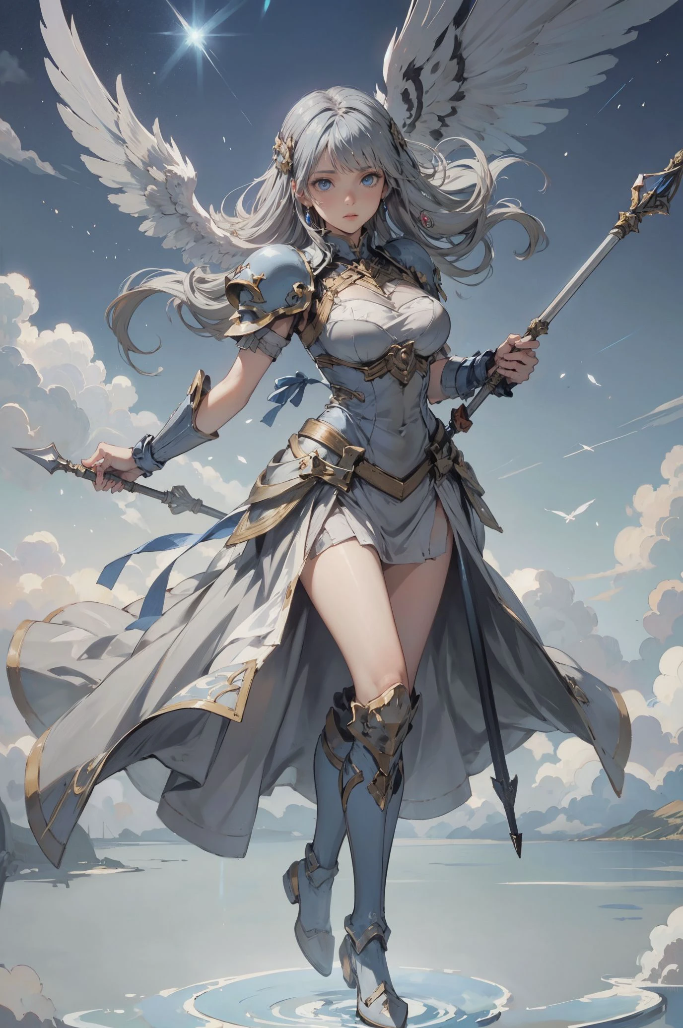 2Dstyle, (anime, 2D cartoon,illustration),(wide hip, large breasts, perfect slender young girl body)
,Perfectly glossy skin ,25 yo mature girl,shiny_and_glossy_skin
,
(((
LennethValkyrieProfile,
,((lenneth floating in the sky, holding a spear, ))
, ,(( ethereal wings, blue eyes , light gray blue hair)),
<lora:LennethV2:0.5>
))),
(full body)
,