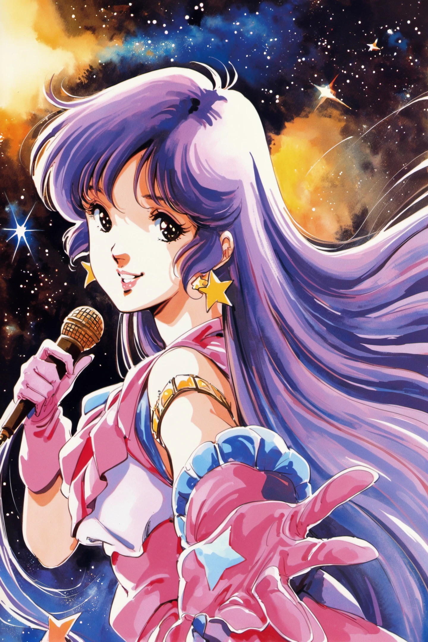 1girl, solo, long hair, purple hair, microphone, gloves, jewelry, earrings, retro artstyle, traditional media, 1980s (style), holding, space, black eyes, looking at viewer, holding microphone, smile, upper body, star (symbol), pink gloves, star (sky), very long hair, watercolor (medium),<lora:Haruhiko Mikimoto_XL:0.8>