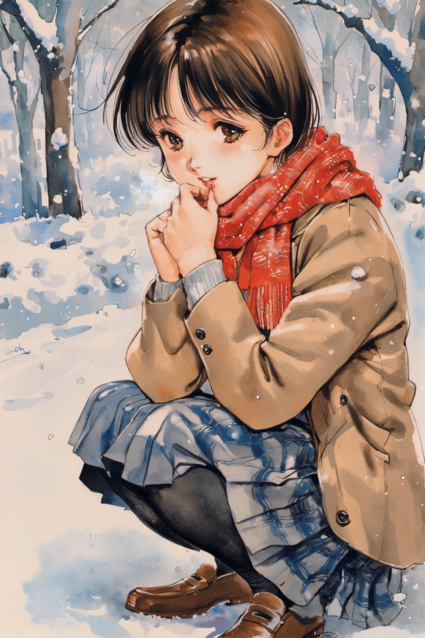1girl, scarf, squatting, solo, skirt, short hair, breath, school uniform, brown hair, black hair, black eyes, socks, jacket, brown eyes, tree, snow, snowing, traditional media, watercolor (medium),<lora:Haruhiko Mikimoto_XL:0.8>